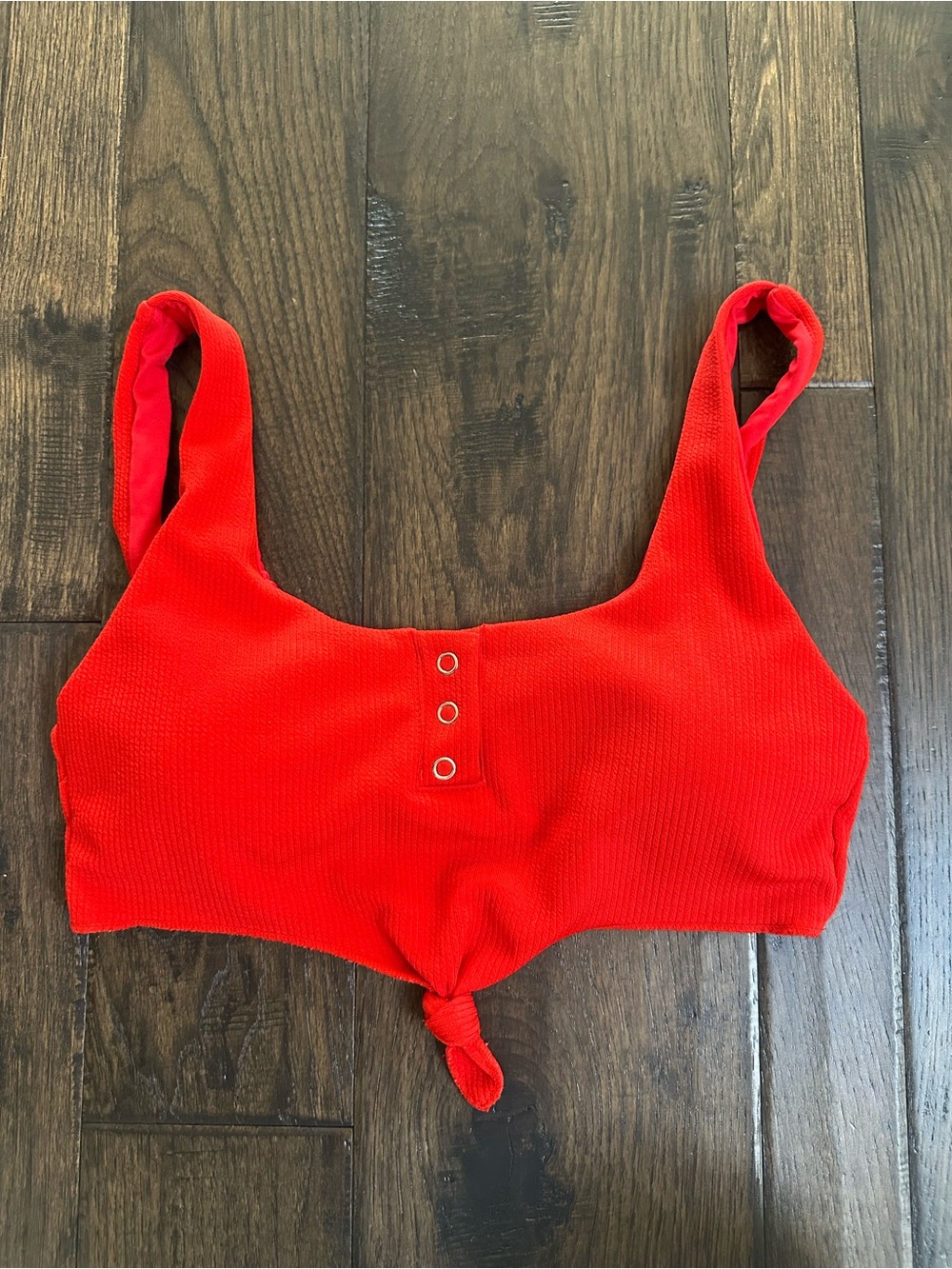 shein red ribbed tie-front bikini top – size small